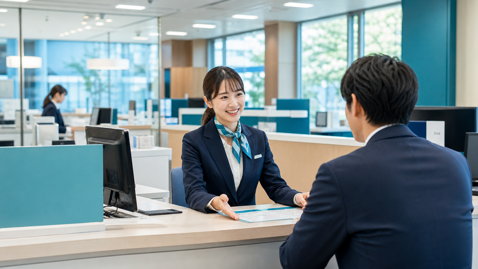 架空金融機関の窓口で相談するお客さまと職員